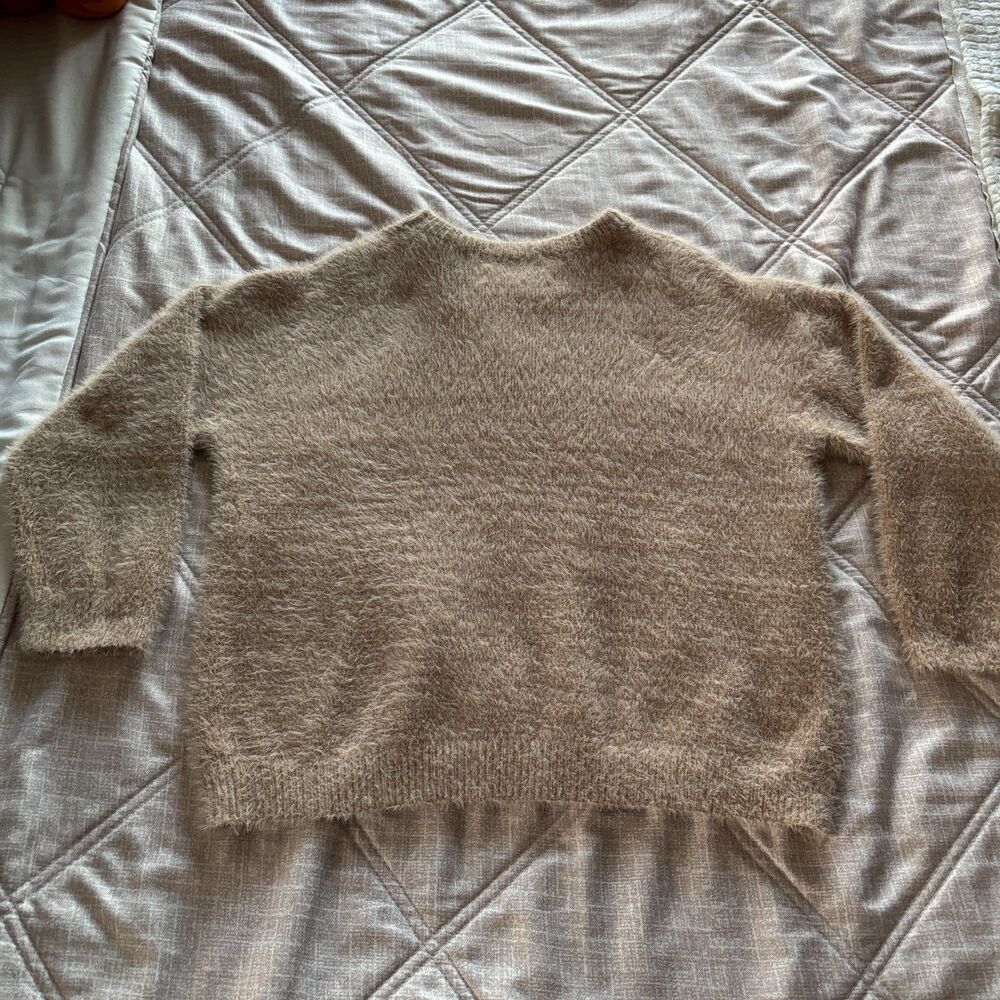 Pink Martini: Tan Beige Fuzzy Eyelash Knit Long Sleeve Crewneck Sweater XS